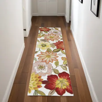 8' Ivory Red and Orange Botanical Leaves Runner Rug