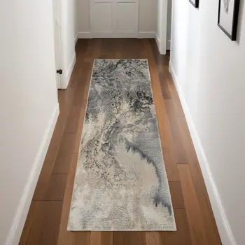 8' Gray Beige and Ivory Abstract Non Skid Runner Rug