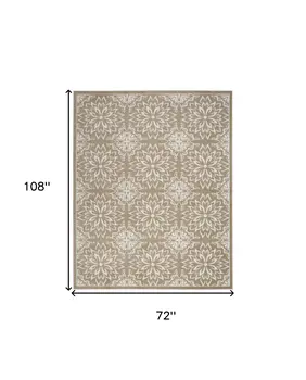 6' X 9' Taupe and Ivory Floral Non Skid Area Rug