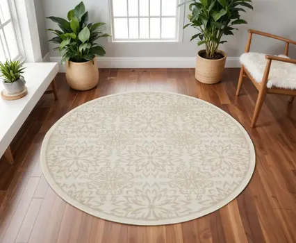 8' Beige and Ivory Floral Non Skid Round Rug