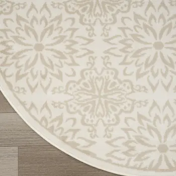 8' Beige and Ivory Floral Non Skid Round Rug