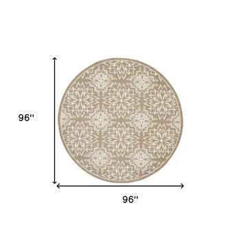 8' Taupe and Ivory Floral Non Skid Round Rug
