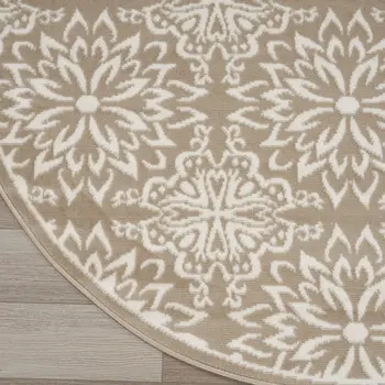 8' Taupe and Ivory Floral Non Skid Round Rug