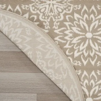 8' Taupe and Ivory Floral Non Skid Round Rug