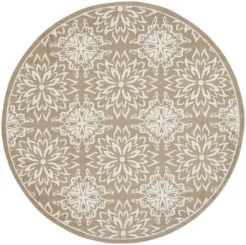 8' Taupe and Ivory Floral Non Skid Round Rug