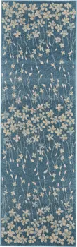7' Turquoise and Cream Botanical Leaves Runner Rug