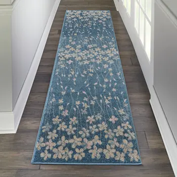 7' Turquoise and Cream Botanical Leaves Runner Rug