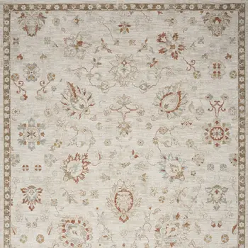 8' X 10' Cream Floral Power Loom Distressed Area Rug With Fringe