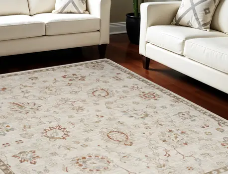 8' X 10' Cream Floral Power Loom Distressed Area Rug With Fringe
