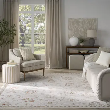 8' X 10' Cream Floral Power Loom Distressed Area Rug With Fringe