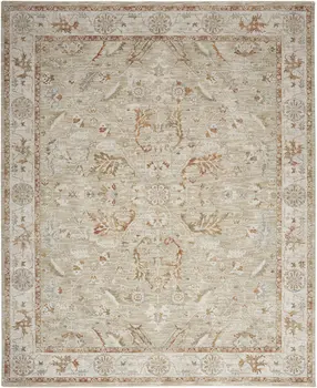 8' X 10' Green Floral Power Loom Distressed Area Rug With Fringe