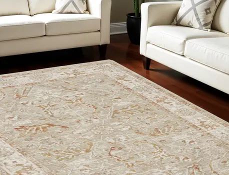 8' X 10' Green Floral Power Loom Distressed Area Rug With Fringe