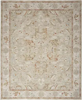 8' X 10' Green Floral Power Loom Distressed Area Rug With Fringe
