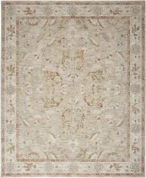 8' X 10' Green Floral Power Loom Distressed Area Rug With Fringe