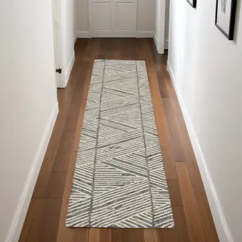8' Gray and White Wool Abstract Runner Rug