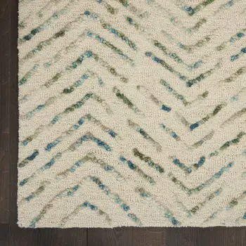 8' Ivory Blue and Green Wool Abstract Runner Rug