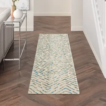 8' Ivory Blue and Green Wool Abstract Runner Rug