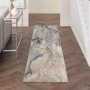 10' Gray Beige and Ivory Abstract Non Skid Runner Rug