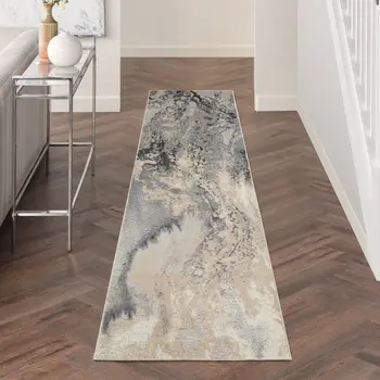 12' Gray Beige and Ivory Abstract Non Skid Runner Rug