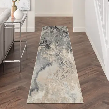 12' Gray Beige and Ivory Abstract Non Skid Runner Rug