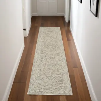 8' Blue and Ivory Wool Geometric Runner Rug