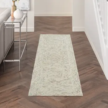 8' Blue and Ivory Wool Geometric Runner Rug