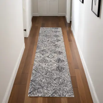 8' Charcoal and Ivory Wool Geometric Runner Rug
