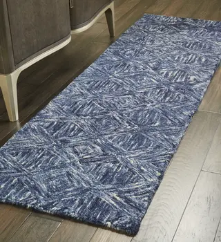 8' Denim Blue and Ivory Wool Geometric Runner Rug