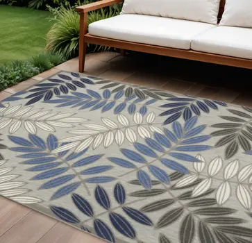 9' X 12' Gray Blue And Turquoise Palm Leaf Indoor Outdoor Area Rug