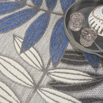 9' X 12' Gray Blue And Turquoise Palm Leaf Indoor Outdoor Area Rug