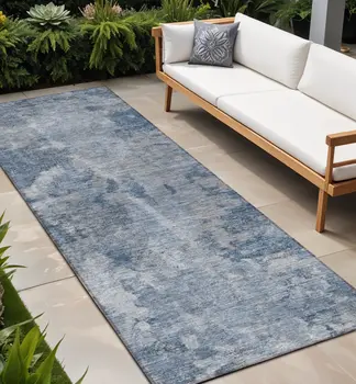 8' Runner Blue Abstract Washable Non Skid Indoor Outdoor Runner Rug