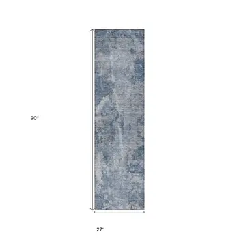 8' Runner Blue Abstract Washable Non Skid Indoor Outdoor Runner Rug