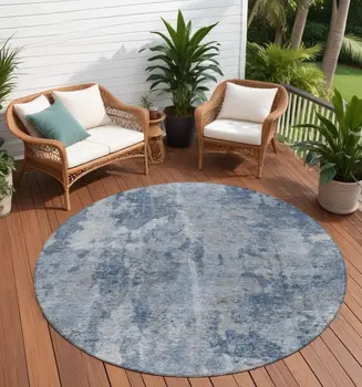 8' Round Blue Round Abstract Washable Non Skid Indoor Outdoor Area Rug