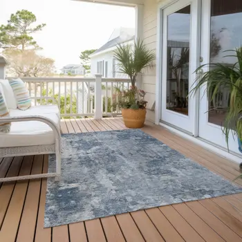 9' X 12' Blue Abstract Washable Non Skid Indoor Outdoor Area Rug