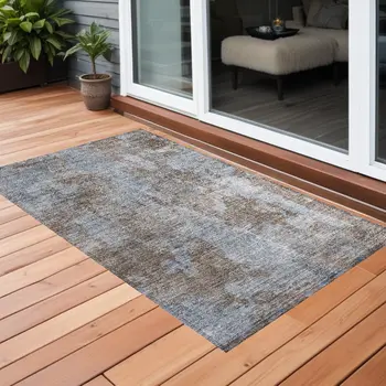 3' X 5' Mocha and Blue Abstract Washable Non Skid Indoor Outdoor Area Rug