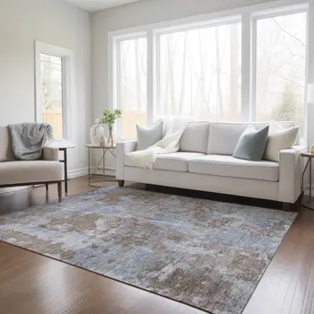 5' X 8' Mocha and Blue Abstract Washable Non Skid Indoor Outdoor Area Rug