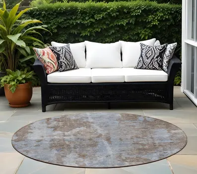 8' Blue Round Abstract Washable Indoor Outdoor Area Rug