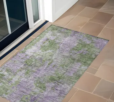 2' X 3' Green and Purple Abstract Washable Non Skid Indoor Outdoor Area Rug