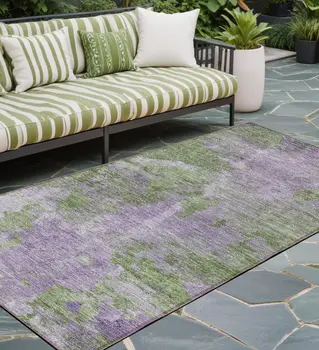 8' Runner Green and Purple Abstract Washable Non Skid Indoor Outdoor Runner Rug