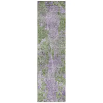 8' Runner Green and Purple Abstract Washable Non Skid Indoor Outdoor Runner Rug