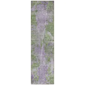 8' Runner Green and Purple Abstract Washable Non Skid Indoor Outdoor Runner Rug