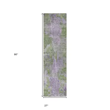 8' Runner Green and Purple Abstract Washable Non Skid Indoor Outdoor Runner Rug