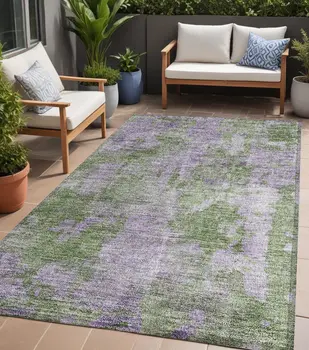 5' X 8' Green and Purple Abstract Washable Non Skid Indoor Outdoor Area Rug