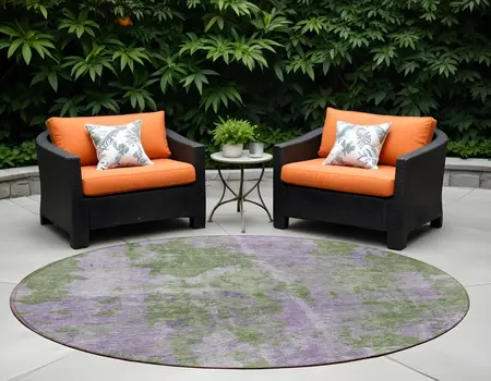 8' Green And Purple Round Abstract Washable Indoor Outdoor Area Rug