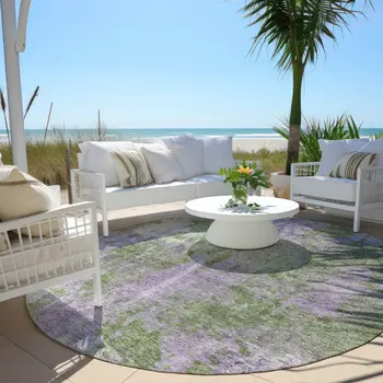 8' Green And Purple Round Abstract Washable Indoor Outdoor Area Rug