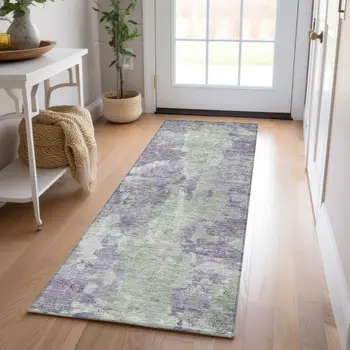 8' Runner Purple and Green Abstract Washable Non Skid Indoor Outdoor Runner Rug