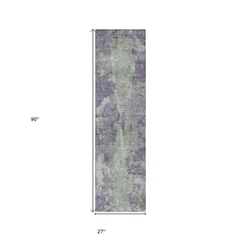 8' Runner Purple and Green Abstract Washable Non Skid Indoor Outdoor Runner Rug