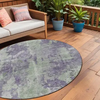 8' Purple And Green Round Abstract Washable Indoor Outdoor Area Rug