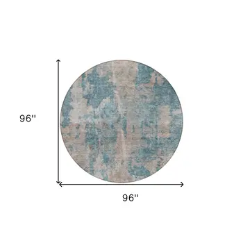 8' Round Teal and Taupe Round Abstract Washable Non Skid Indoor Outdoor Area Rug
