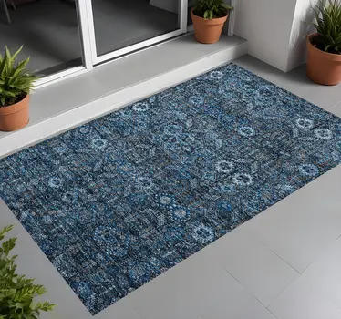 2' X 3' Blue and Black Floral Washable Non Skid Indoor Outdoor Area Rug
